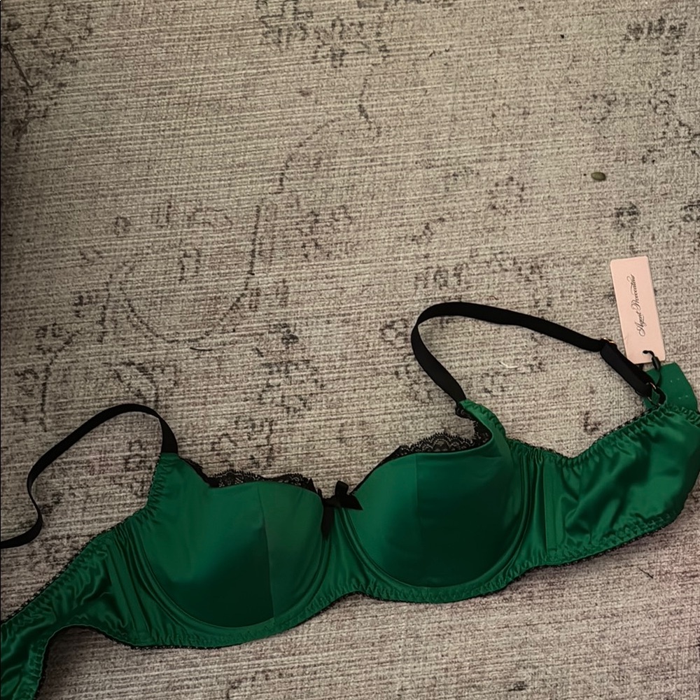 Agent Provocateur Green Sloane Satin Balconette Bra with Lace Trim NWT. 36D